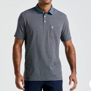 Penguin Mens‎ Striped Navy and White Polo - Size Large